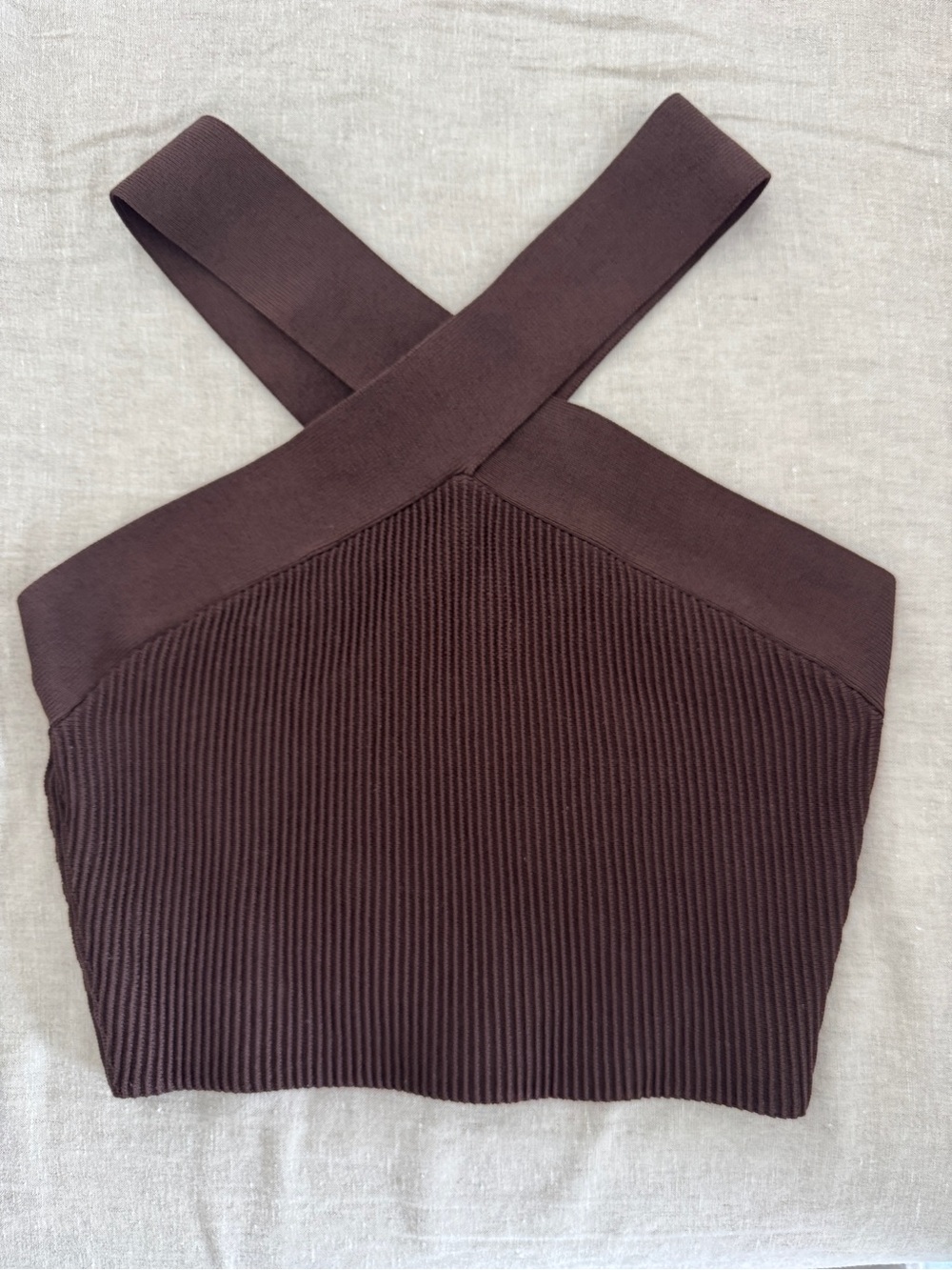 Babaton Chocolate Brown Ribbed Cross-Back Crop Tank
